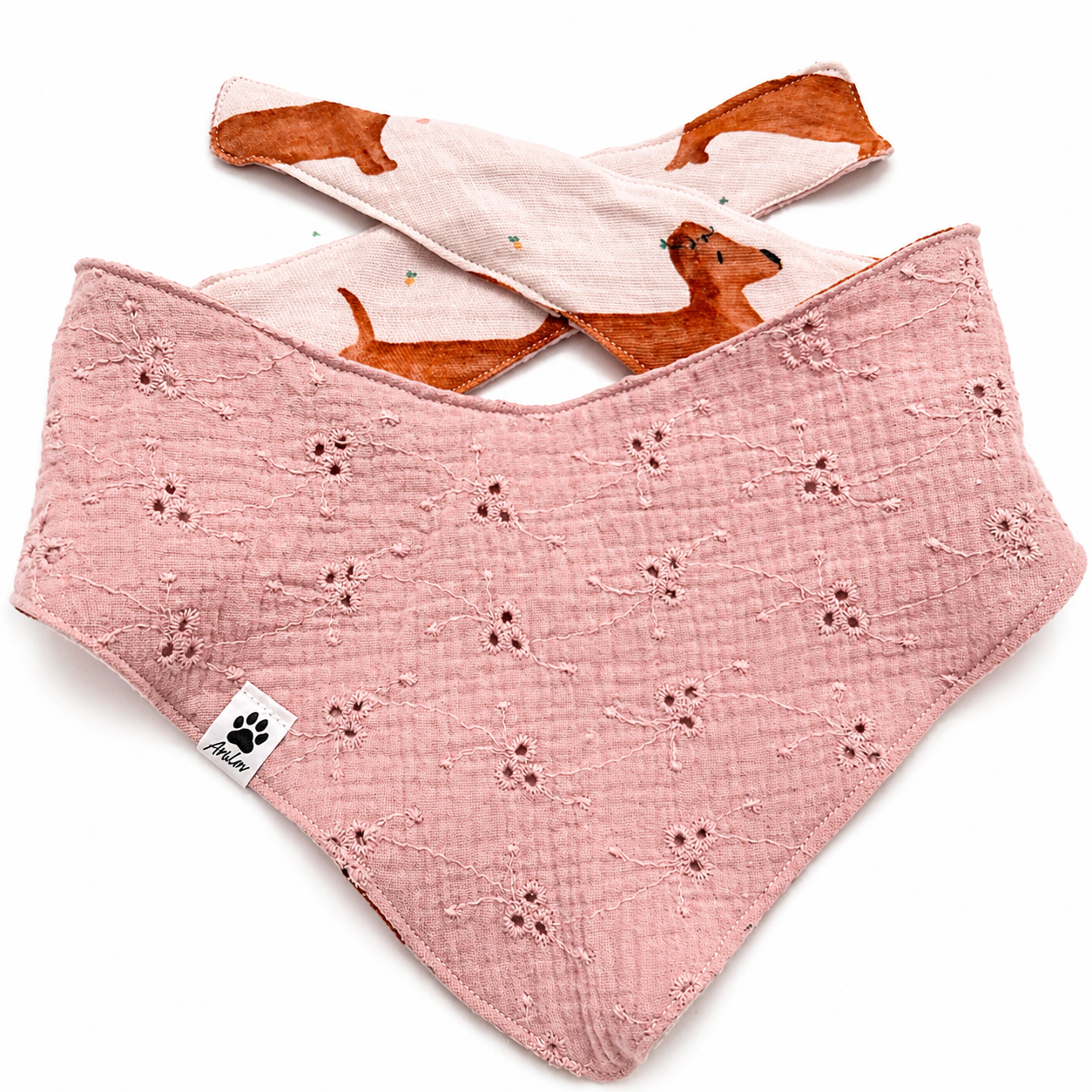 Wende-Bandana zum Binden - Dackel + Rosa (stick) + Musselin