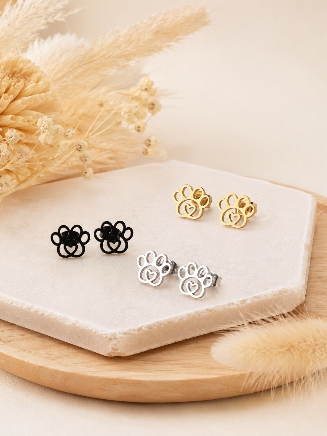 Tierliebe Ohrringe - Pfote mit Herz (Gold/Silber/Schwarz)