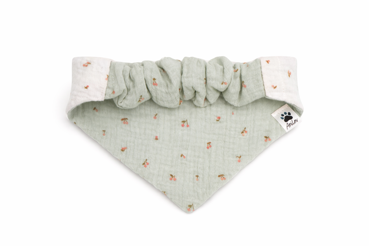Scrunchie-Bandana - Kirschen weiß + mint - Musselin - Halstuch