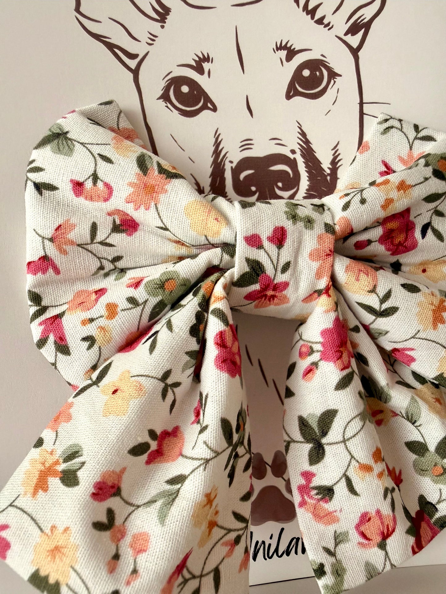 Hund Fliege Matrosenfliege Halsband - Leinenoptik Blumen Ranken orange/ rot