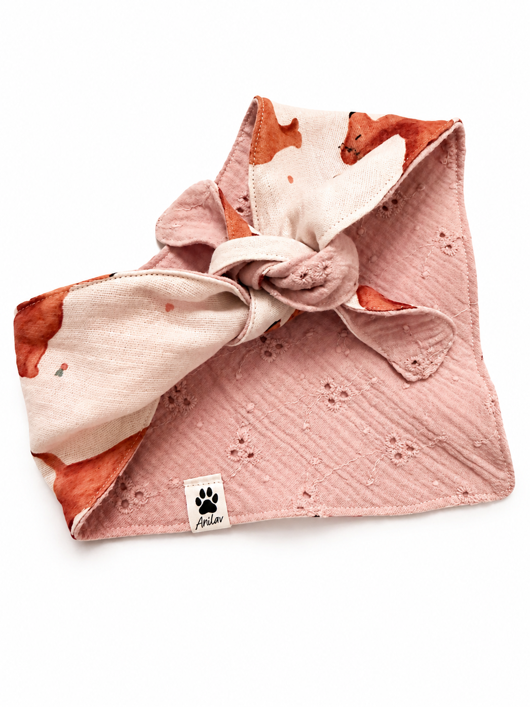 Wende-Bandana zum Binden - Dackel + Rosa (stick) + Musselin