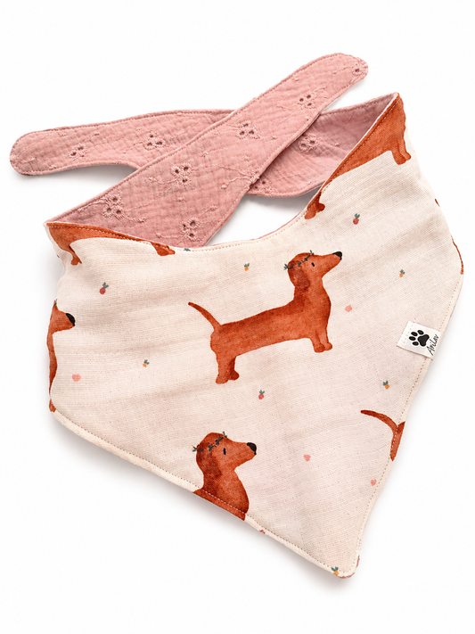 Wende-Bandana zum Binden - Dackel + Rosa (stick) + Musselin
