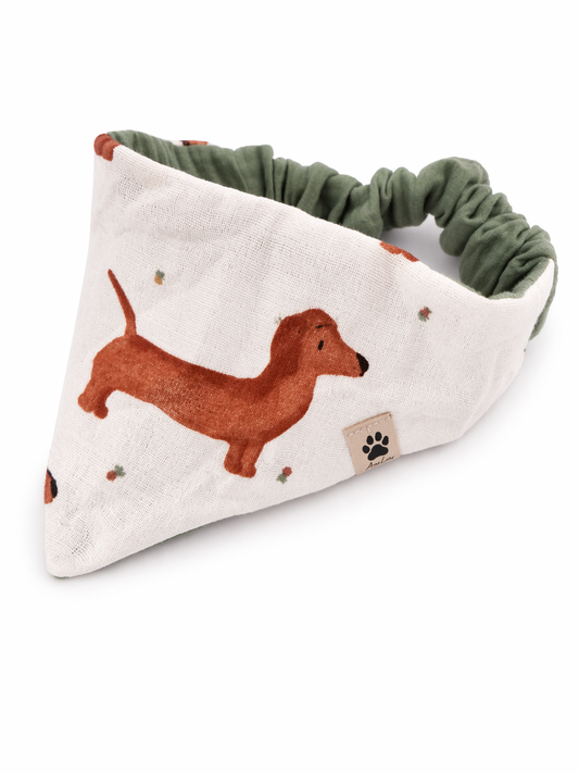 Scrunchie-Bandana - Dackel + Olivgrün - Musselin - Halstuch